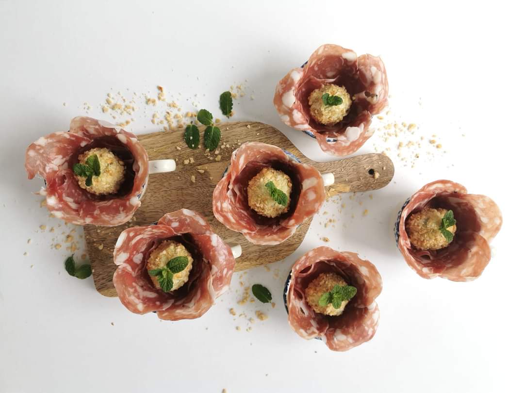 FAVA BEAN AND RICOTTA TRUFFLES WITH SALAMI