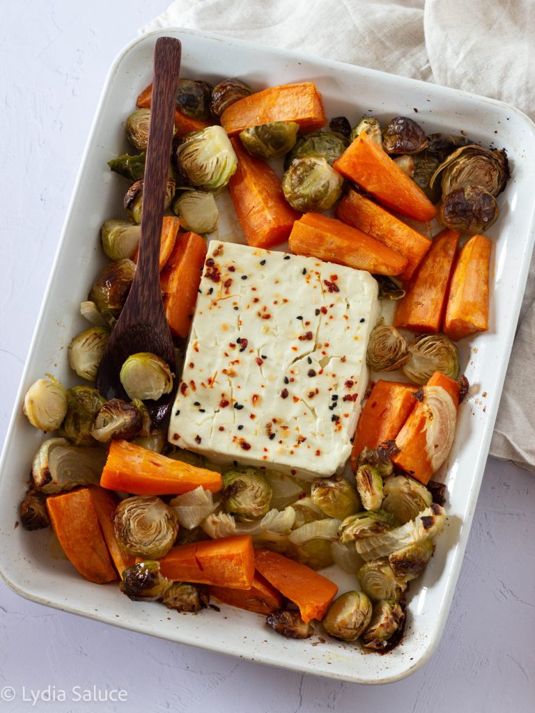 baked feta with sweet potatoes and Brussels sprouts