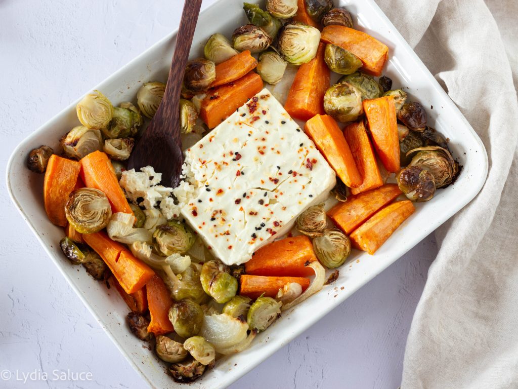 baked feta with sweet potatoes and Brussels sprouts