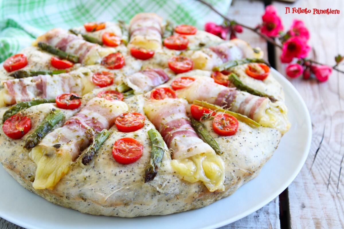 Focaccia with Asparagus, Bacon, and Cherry Tomatoes