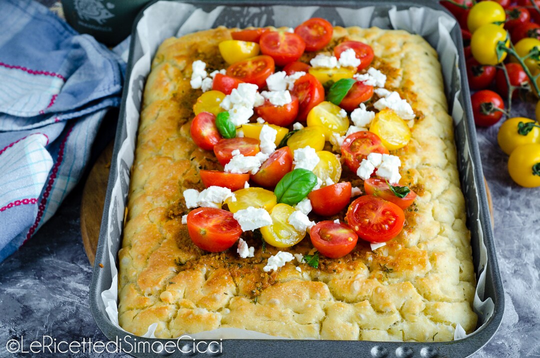Focaccia with Red Pesto, Cherry Tomatoes, and Feta, Soft and Flavorful!