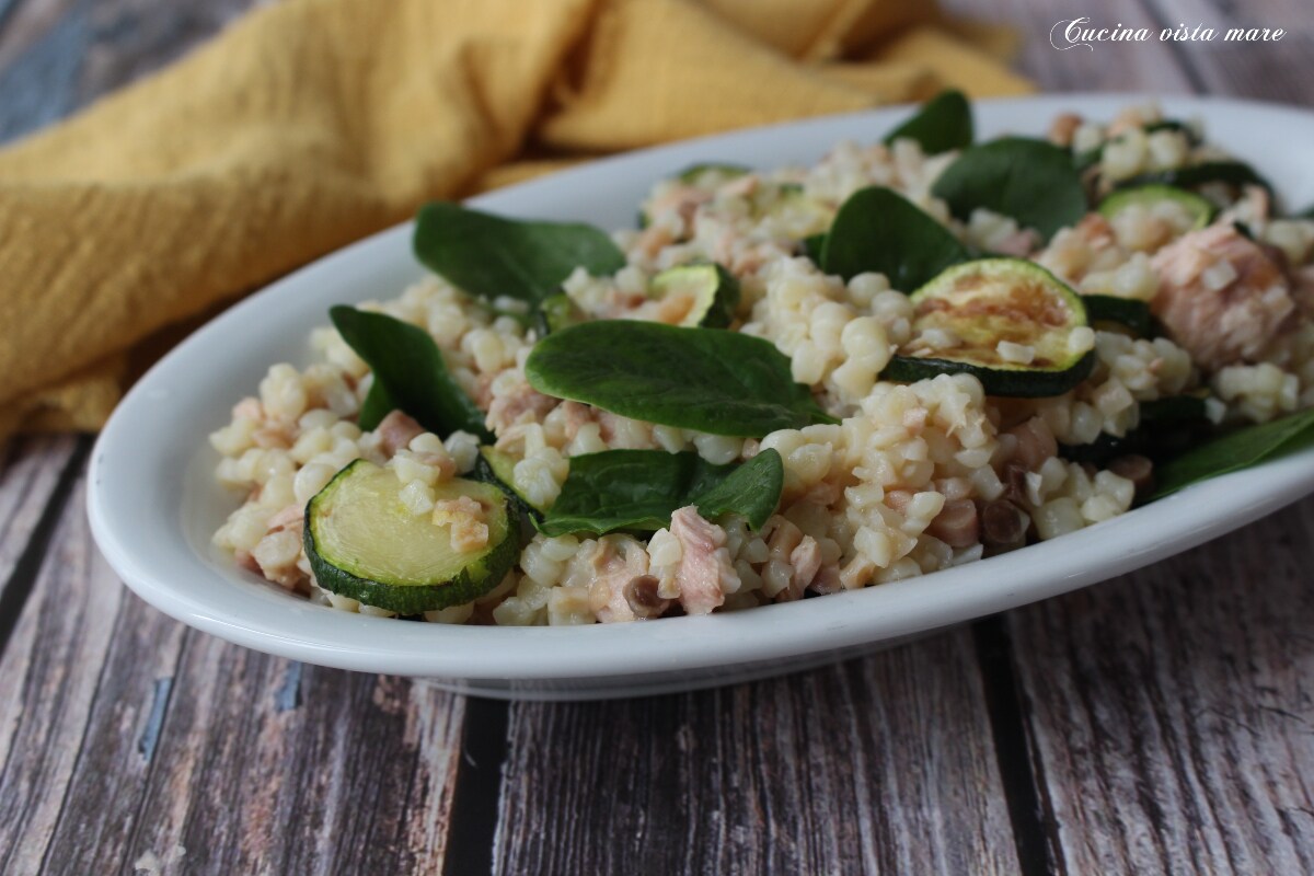 Fregula with Tuna, Zucchini, and Baby Spinach
