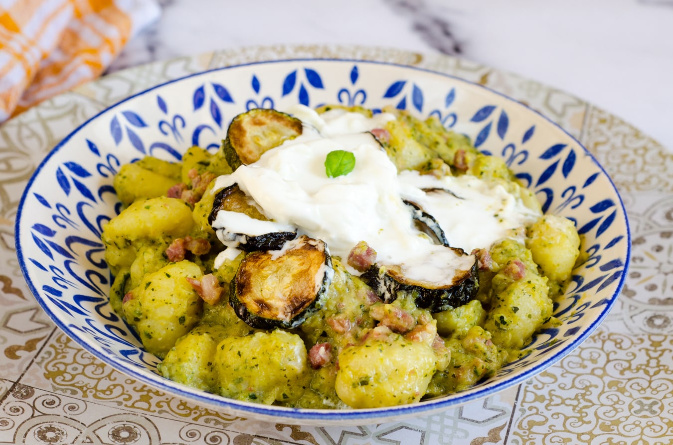 Gnocchi with Zucchini Cream, Bacon, and Stracciatella