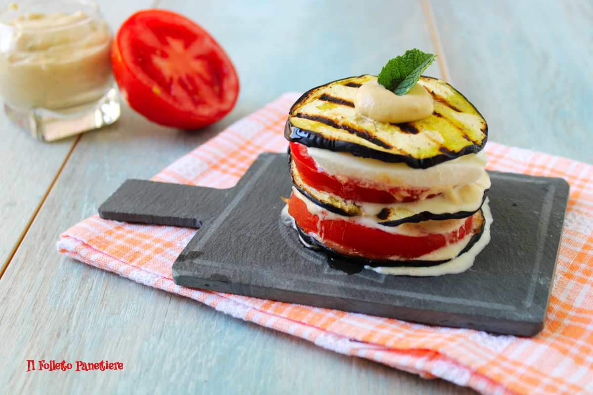 Grilled Eggplant Appetizer with Tomato, Mozzarella, and Tuna Sauce