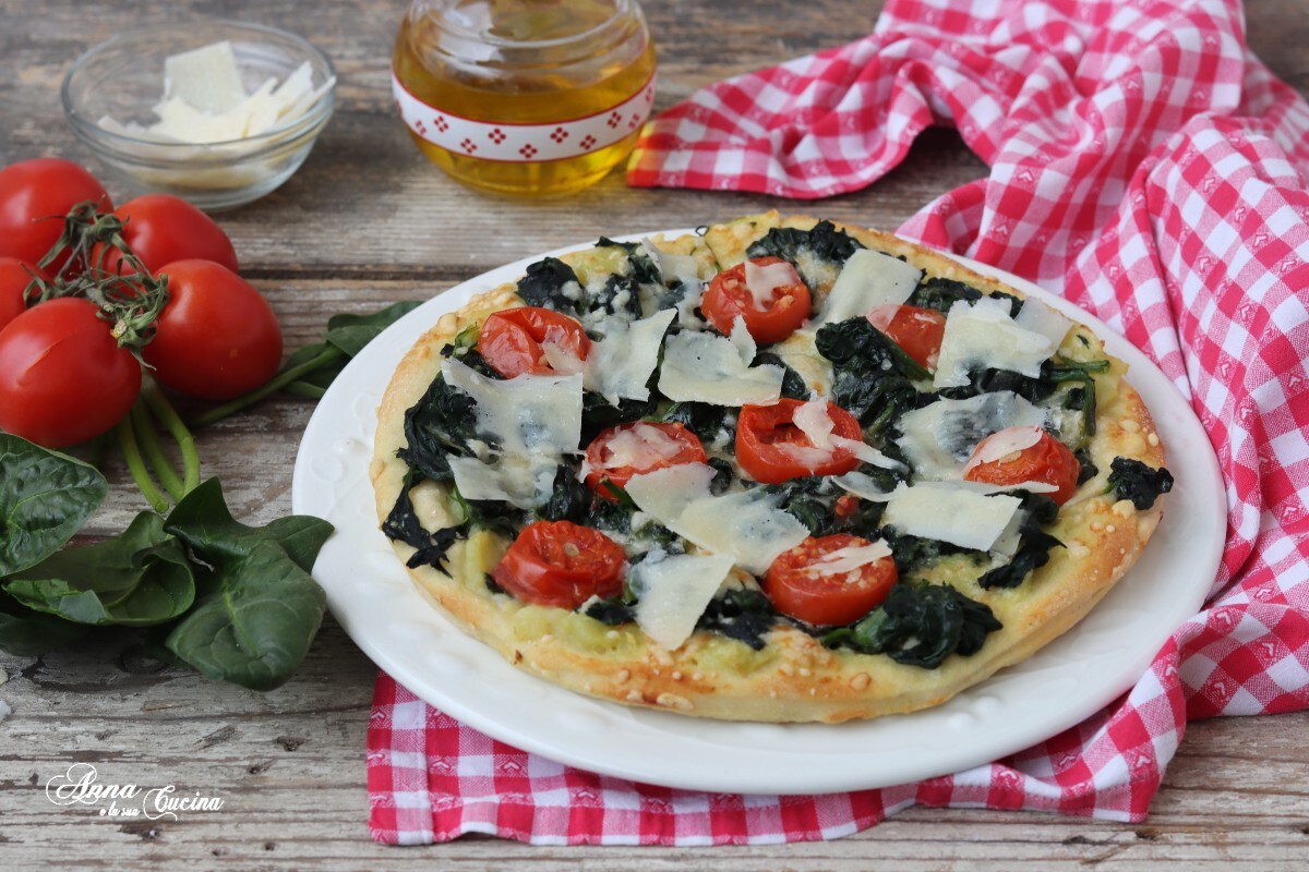Pizza with Potatoes, Spinach, Cherry Tomatoes, and Flakes