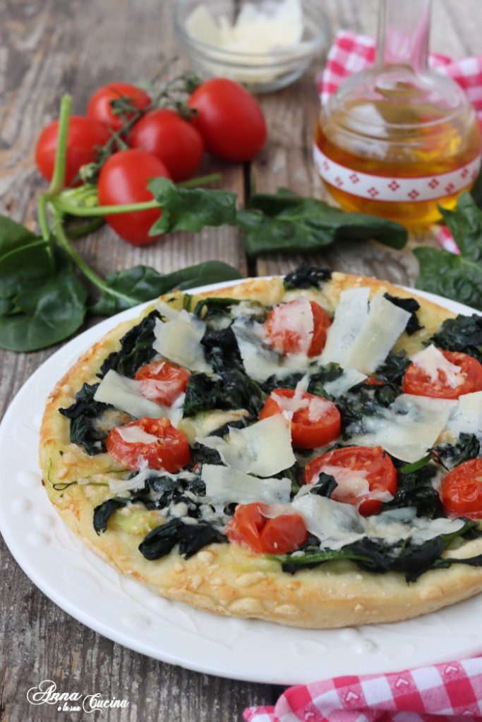 Pizza with Potatoes, Spinach, Cherry Tomatoes