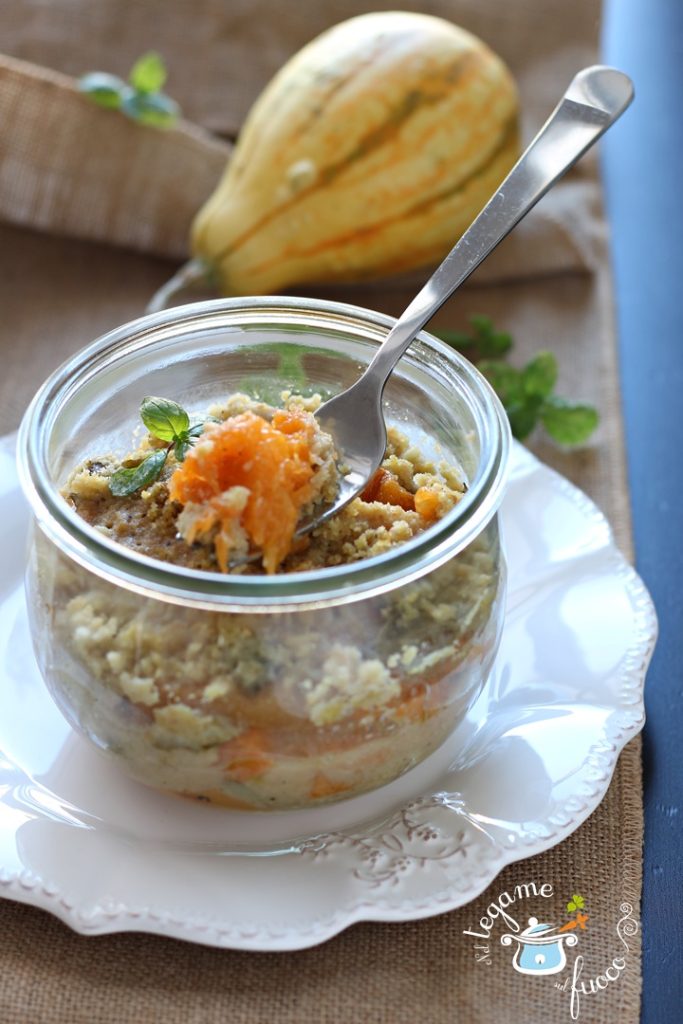 Sicilian-style sweet and sour pumpkin in jar cooking in microwave