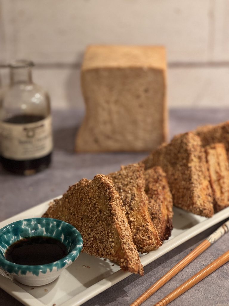 Chinese shrimp toast with whole wheat sandwich bread with sourdough starter