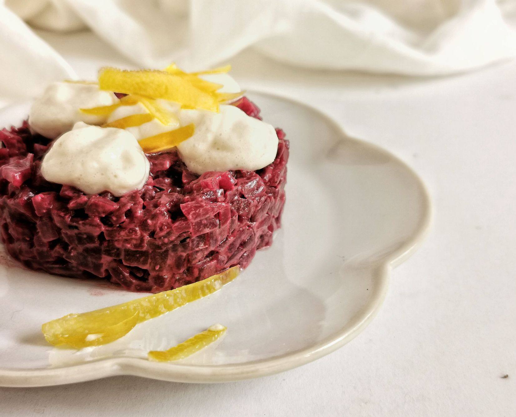 BEET TARTARE WITH CANDIED LEMONS AND ALMOND MAYONNAISE