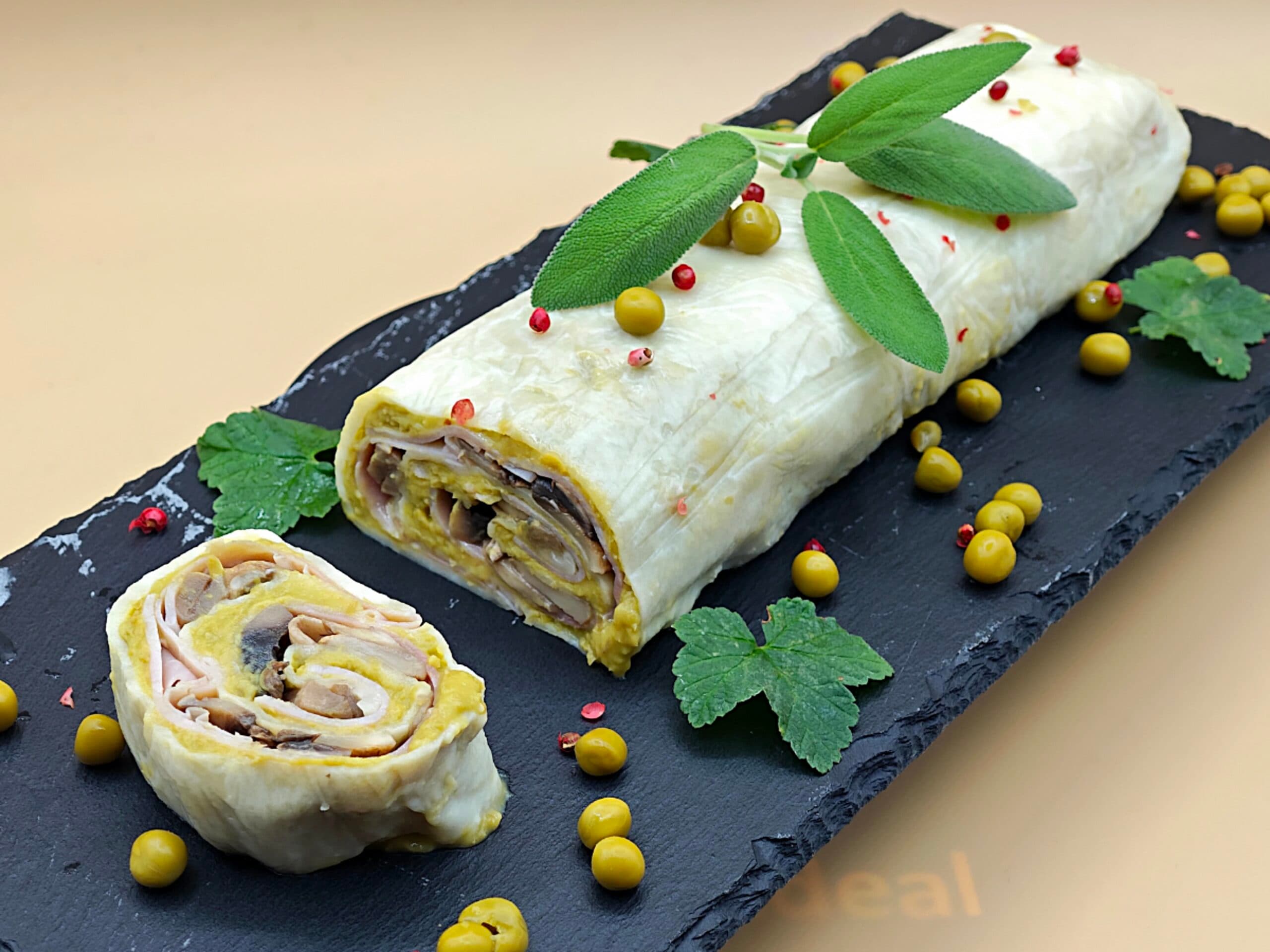 Mozzarella Roll with Peas, Ham, and Mushrooms