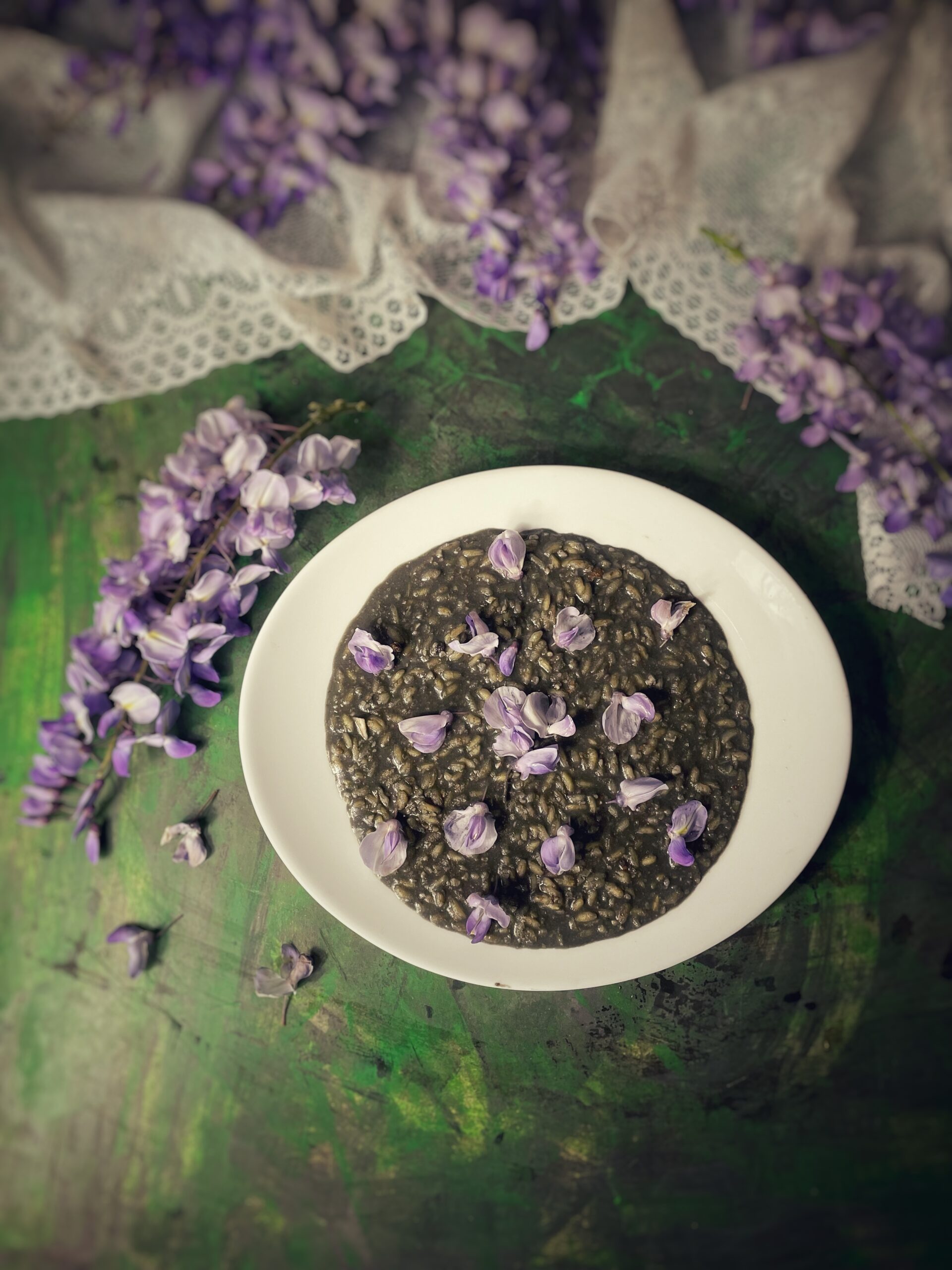 Vegan Squid Ink Risotto with Wisteria