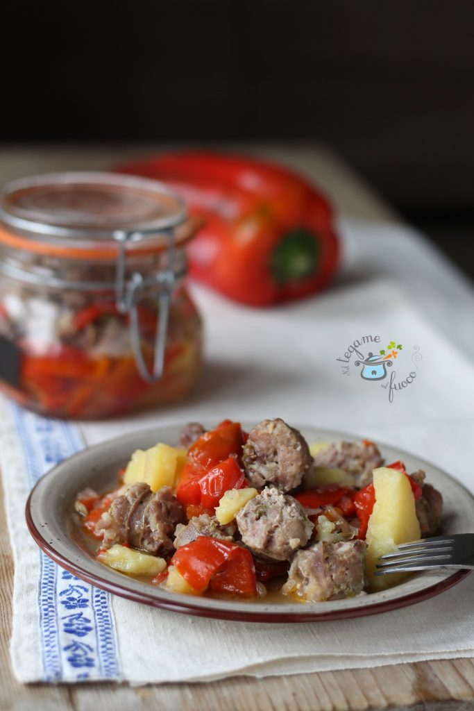 Potatoes with sausage and peppers cooked in the microwave jar