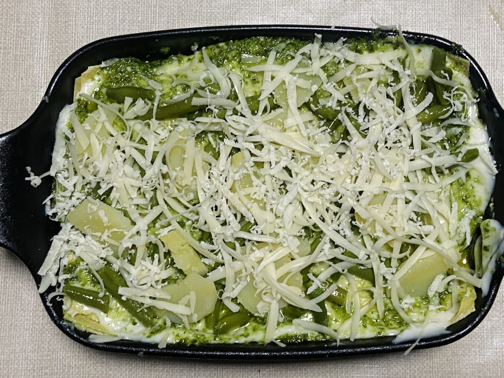 pesto lasagna with potatoes and green beans