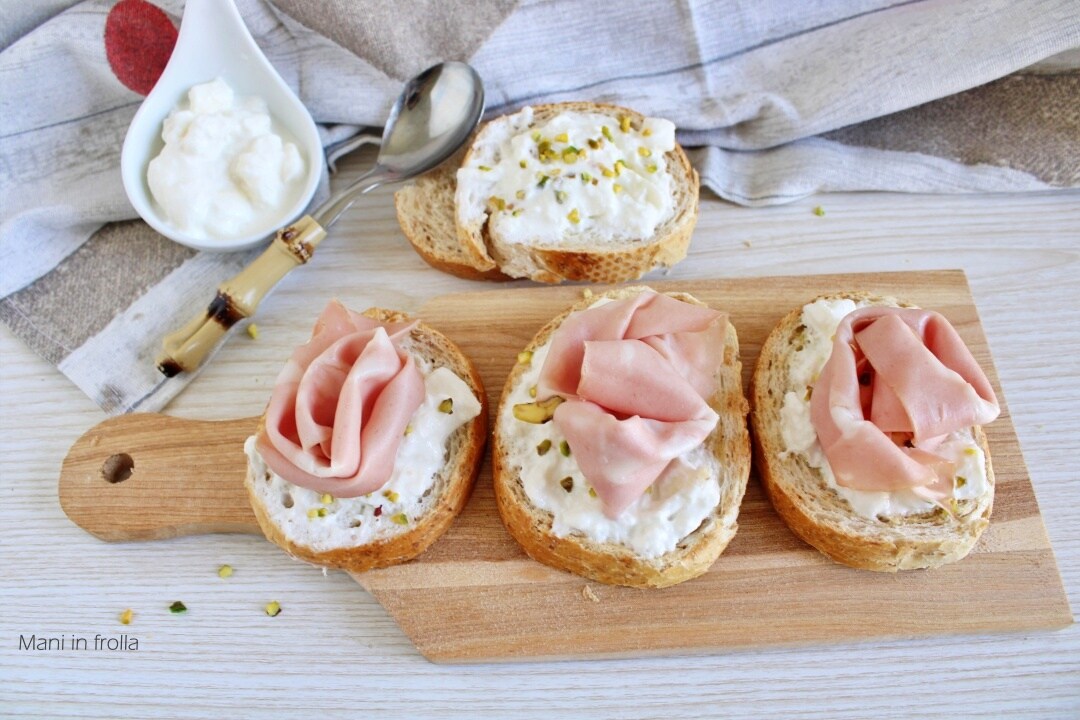 Mortadella, Pistachio and Stracciatella Crostoni