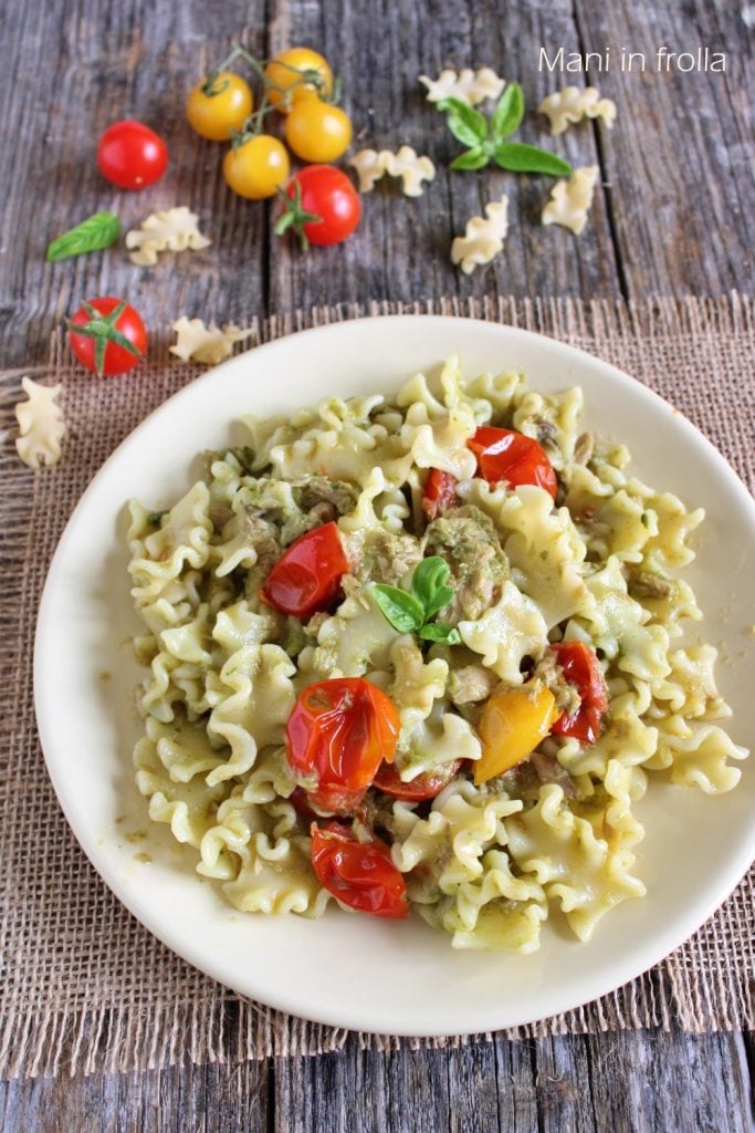 Mafalde with Tuna, Cherry Tomatoes, and Pesto
