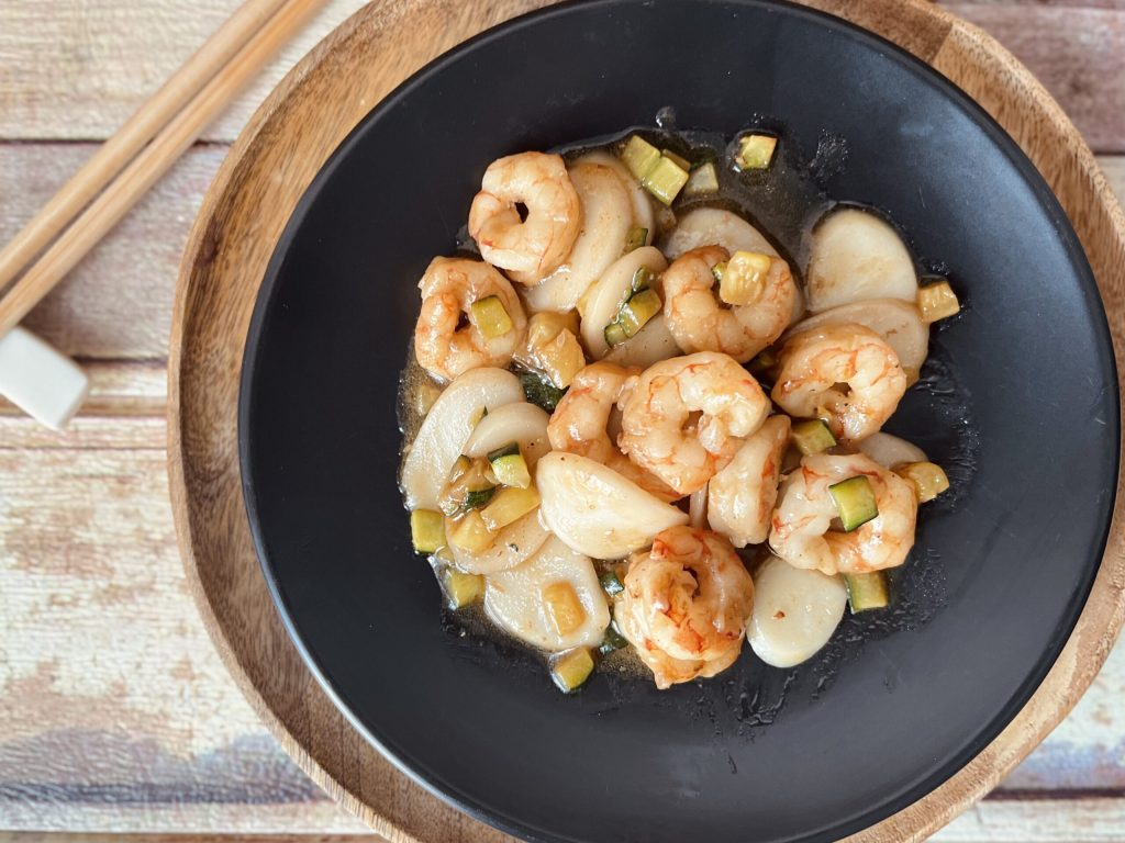 Rice gnocchi with shrimp and zucchini