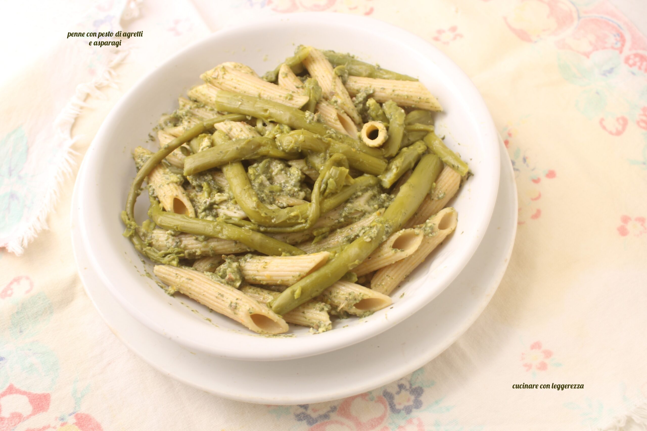 Penne with agretti and asparagus pesto