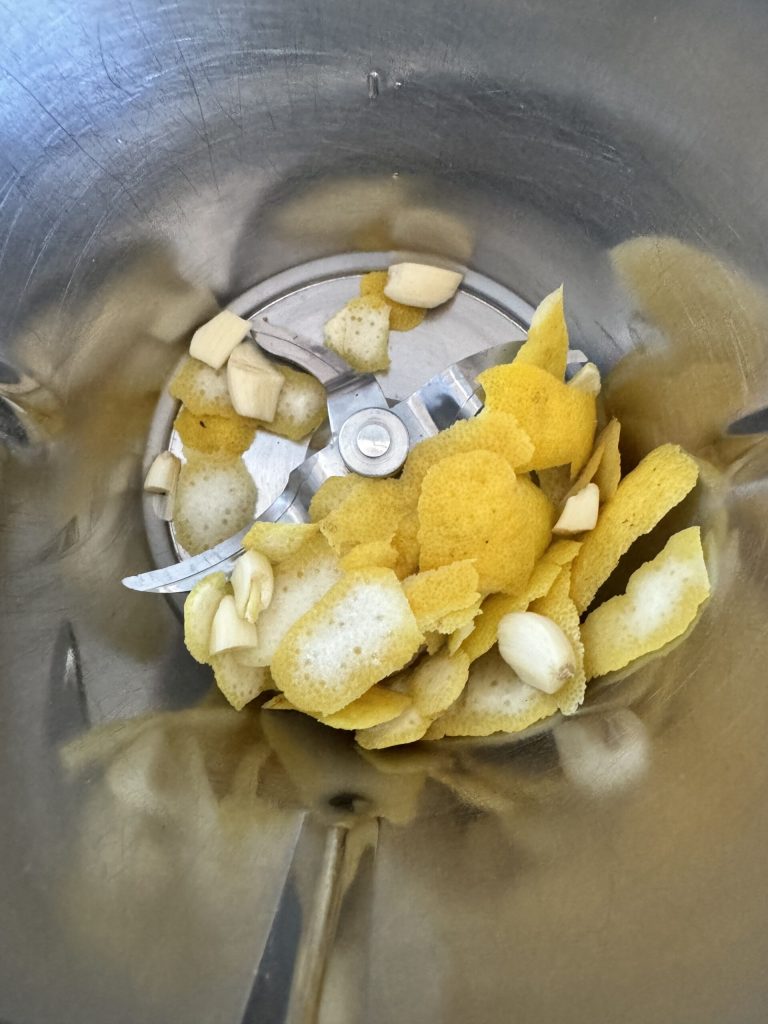 lemon peels and garlic for fresh lemon pesto