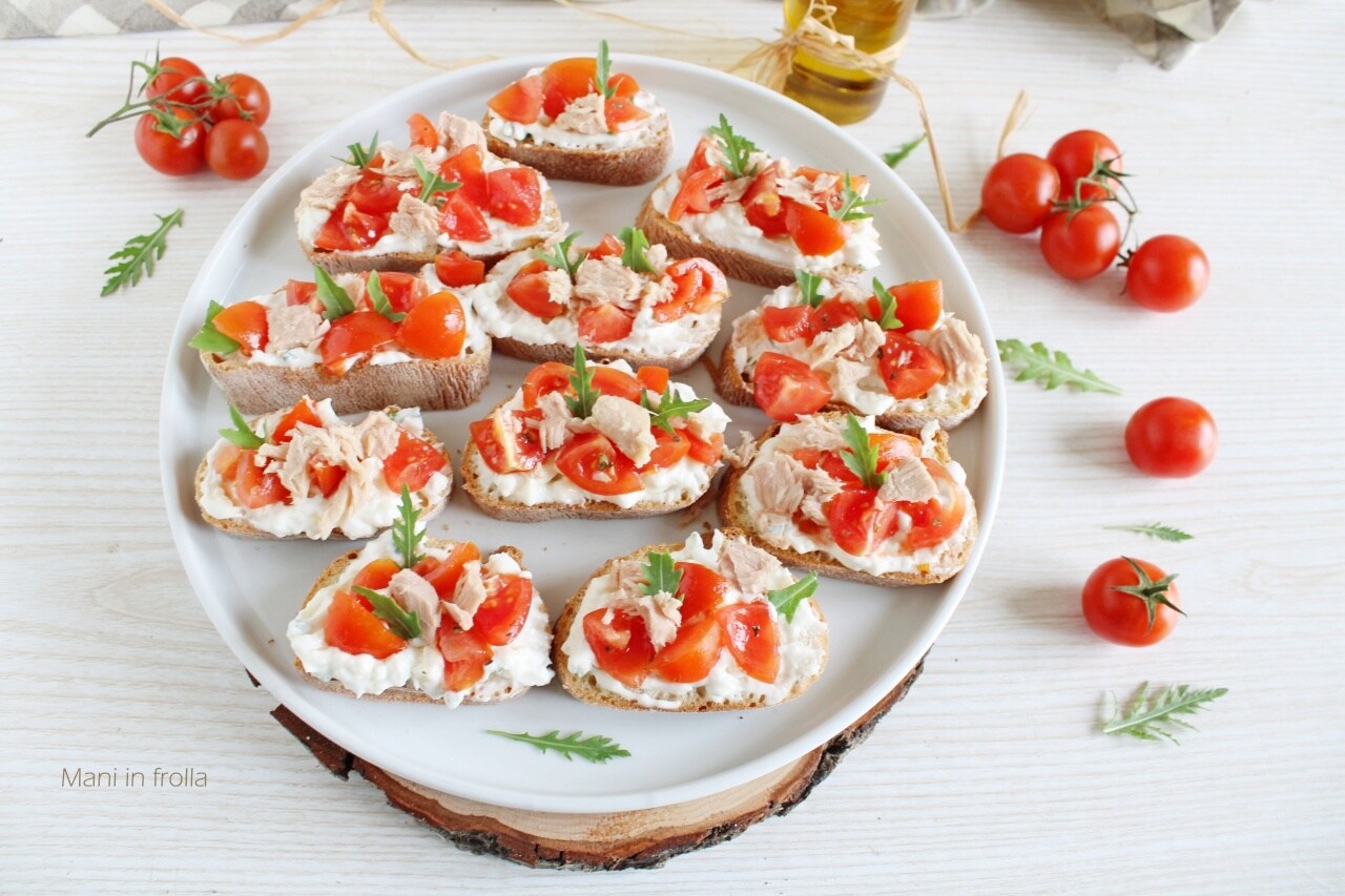 Crostini with Stracchino, Cherry Tomatoes, and Tuna