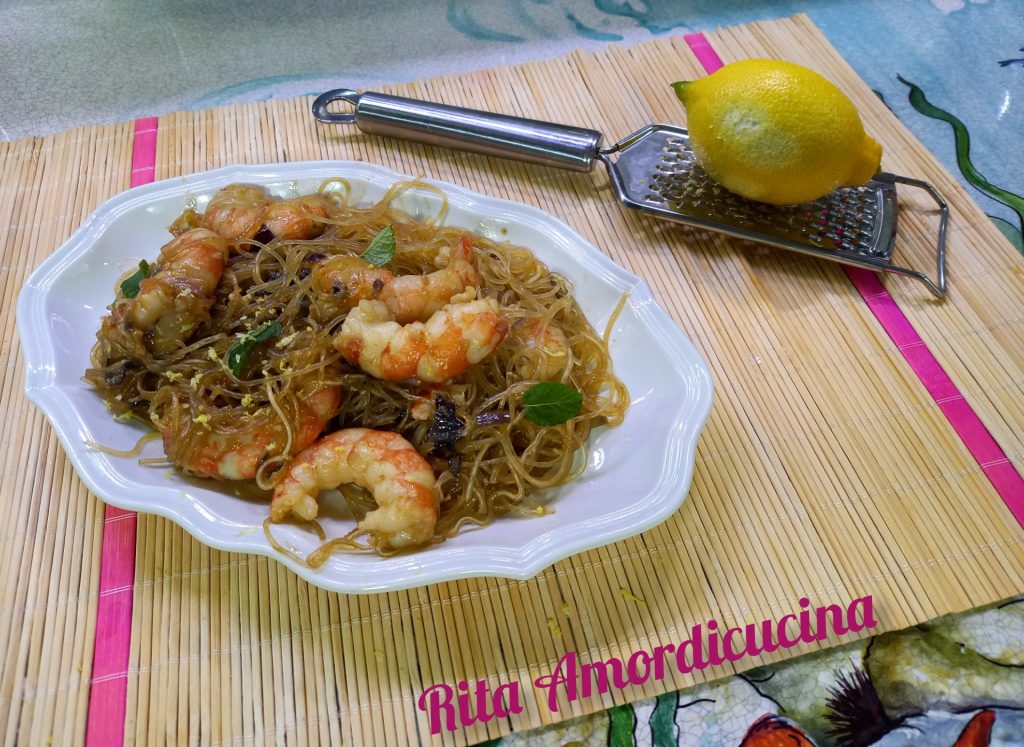Soy Spaghetti with Jumbo Shrimps