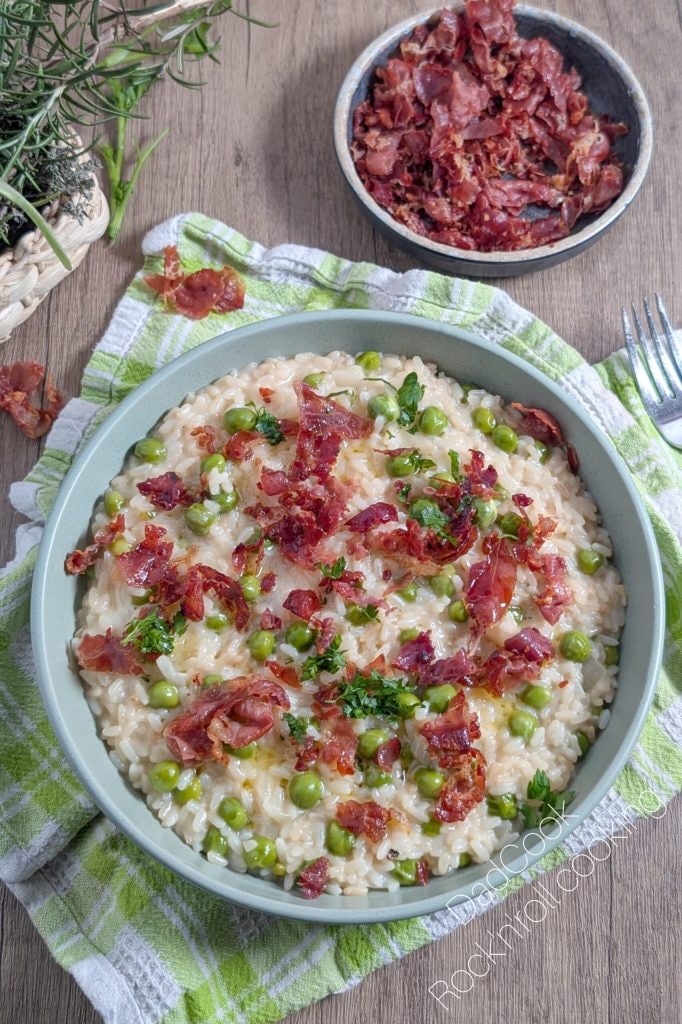 Spring Risotto with Fresh Peas and Crispy Ham