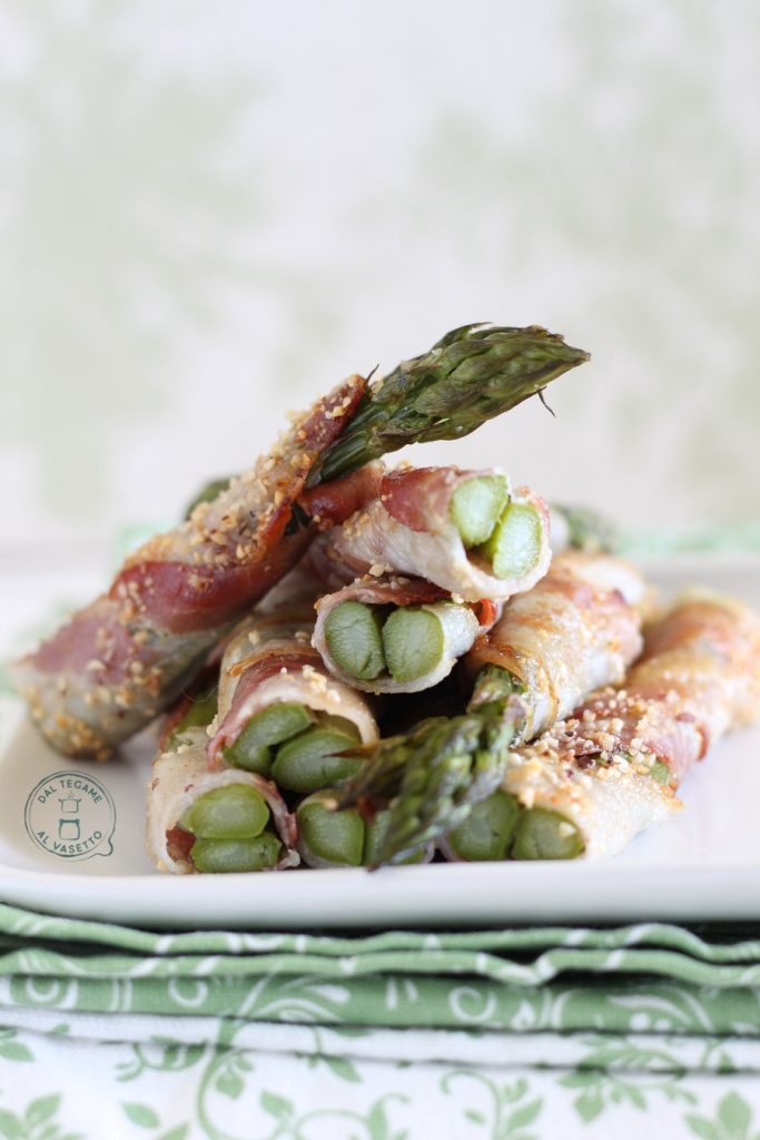 whole asparagus wrapped with bacon, hazelnut crumbs, and cooked in the microwave