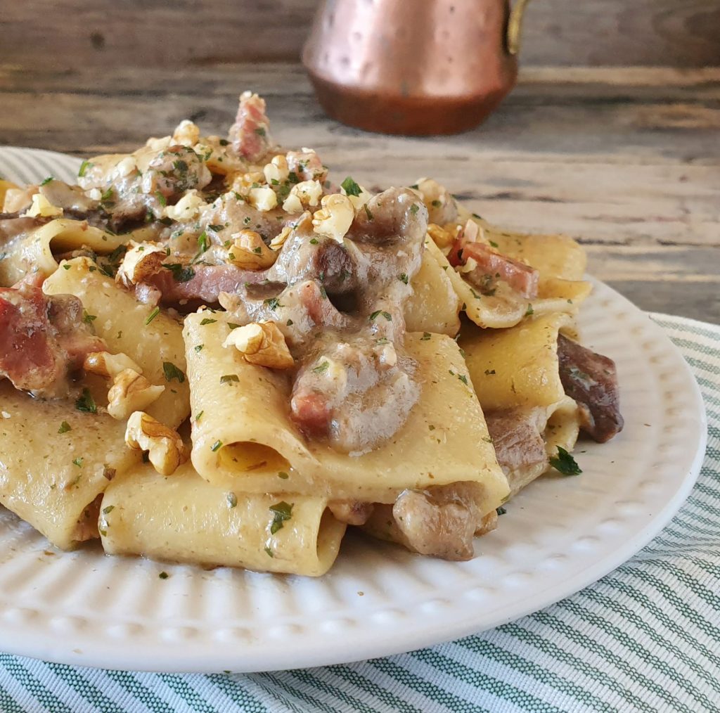 PACCHERI with mushroom, walnut, and speck cream