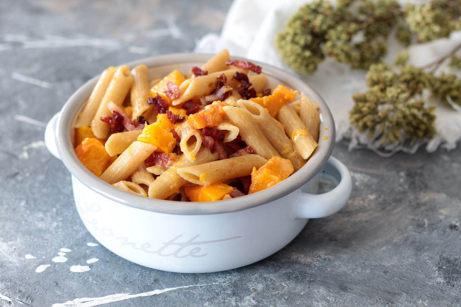 Whole Wheat Penne with Pumpkin and Speck