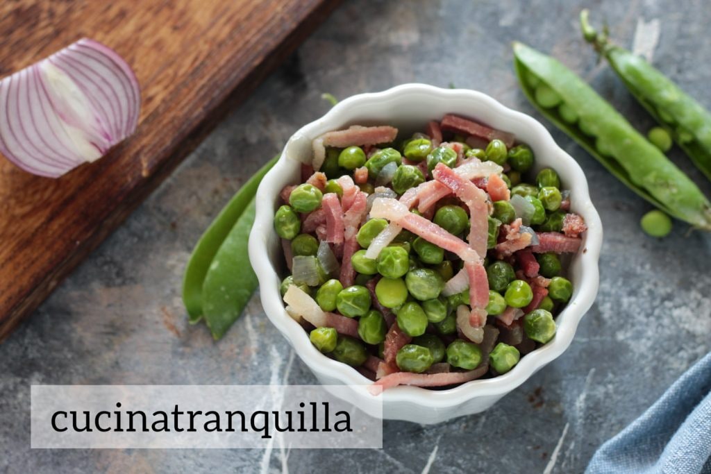 Peas and Bacon in a Skillet with Red Onion