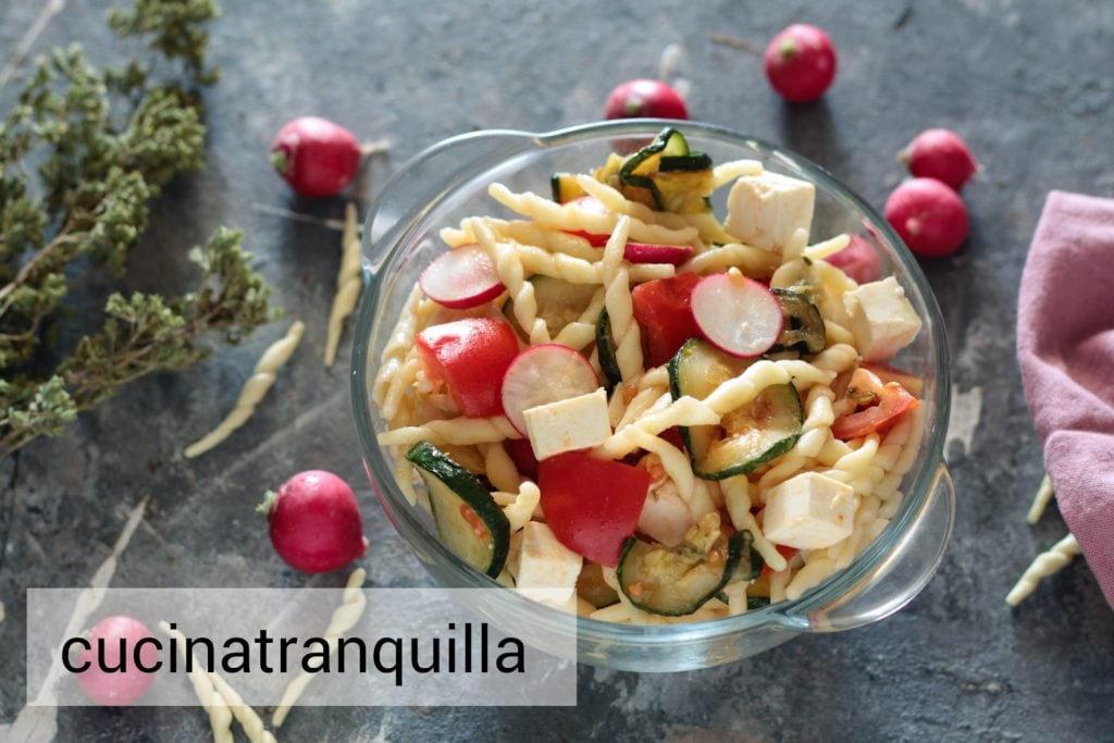 Cold pasta with feta and zucchini