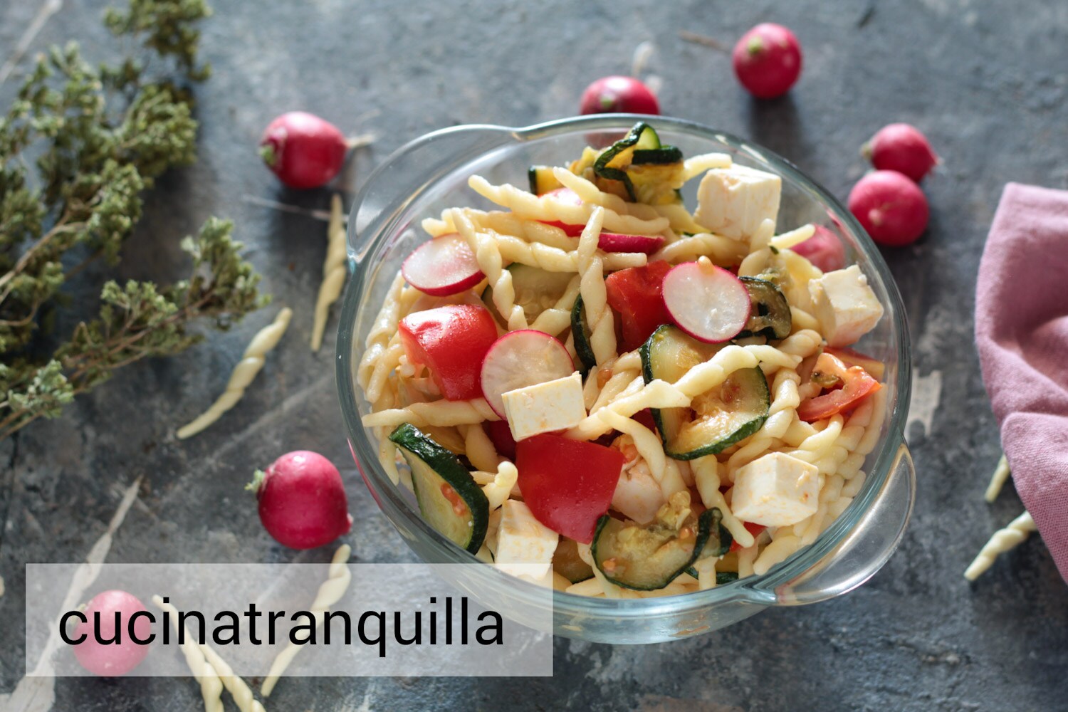 Cold pasta with feta and zucchini