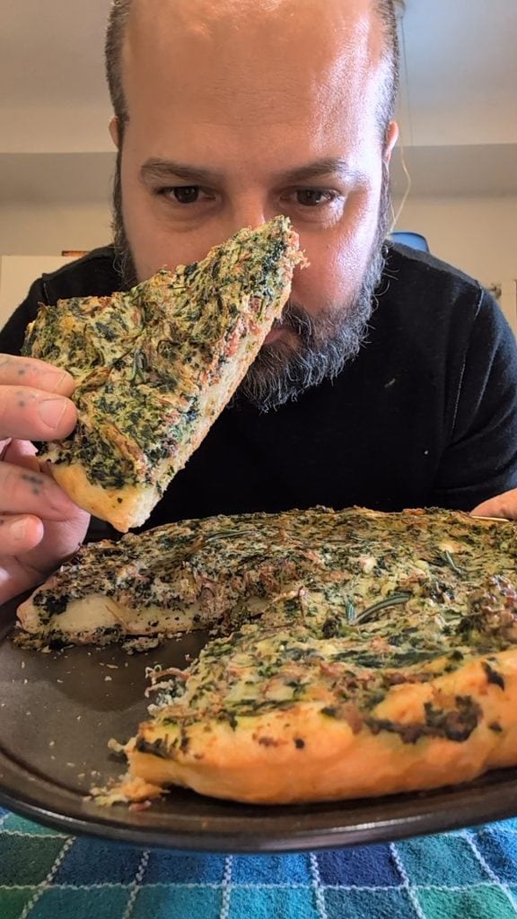 Video Recipe: Savory Pie with Soft Focaccia Base, Spinach, Ricotta, Shredded Horse Meat - Easy and Quick!
