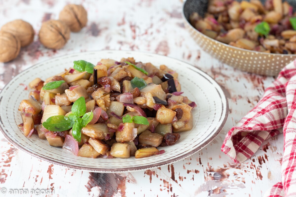 Pan-Fried Eggplants with Walnuts and Raisins