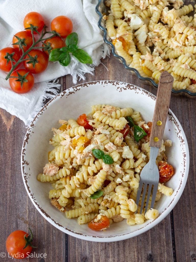 Pasta with Feta, Salmon, and Cherry Tomatoes