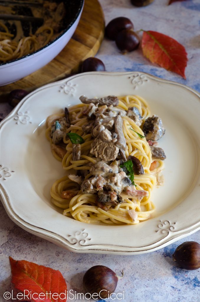 Pasta with Chestnut Cream, Mushrooms, and Bacon