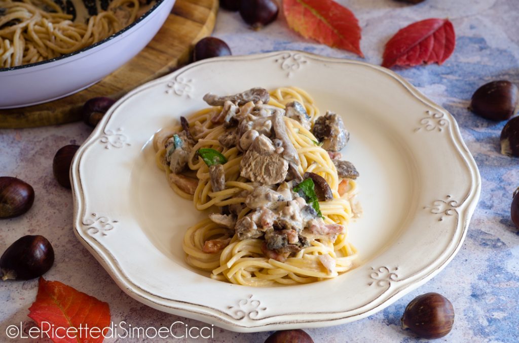 Pasta with Chestnut Cream, Mushrooms, and Bacon