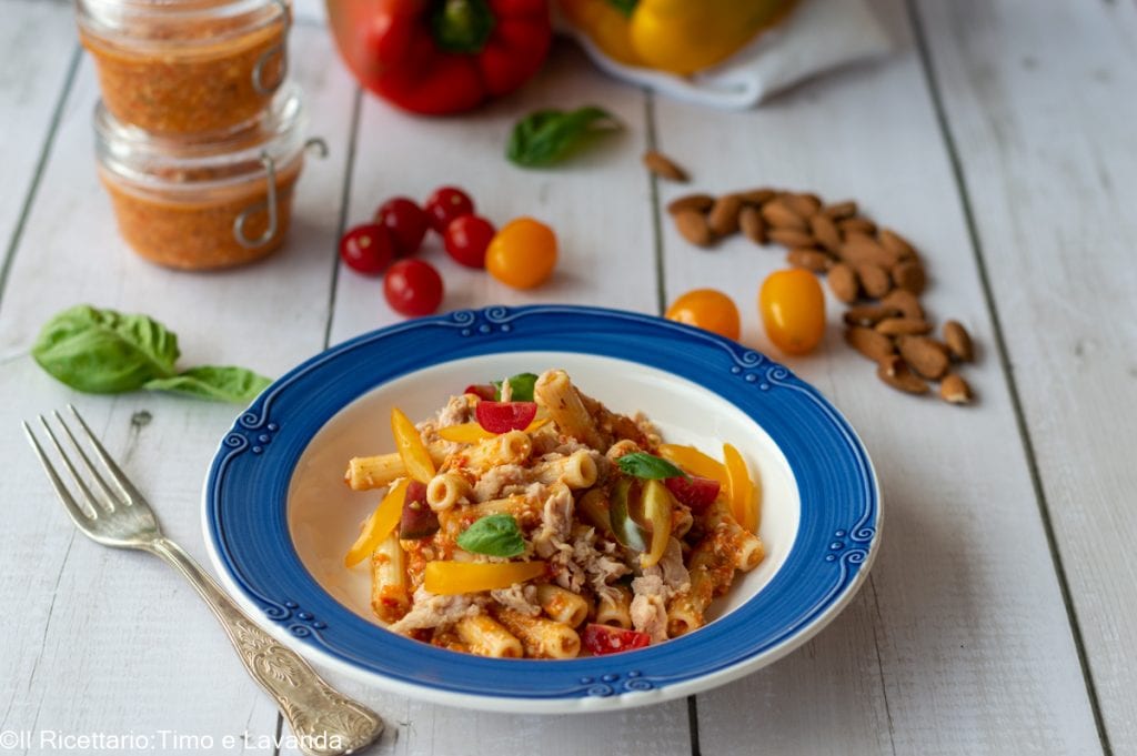 Pasta with Bell Pepper Pesto and Tuna