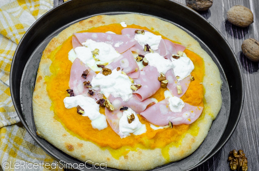 Pizza with Pumpkin Cream, Mortadella, and Stracciatella