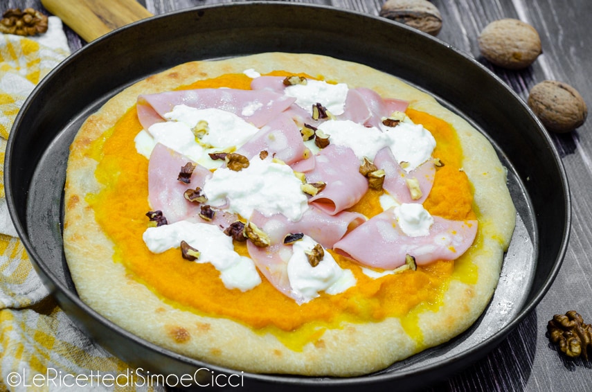 Pizza with Pumpkin Cream, Mortadella, and Stracciatella