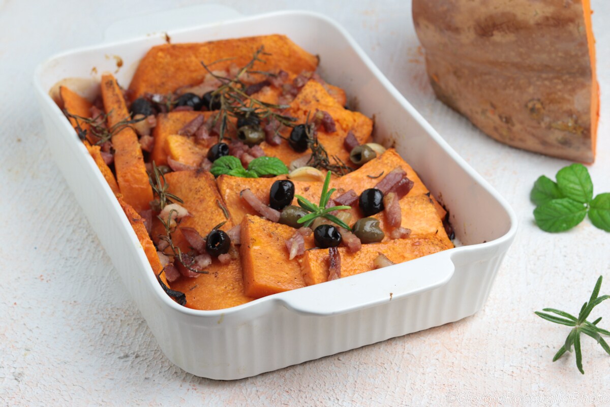 Pumpkin with Olives and Bacon Recipe, Oven Baked
