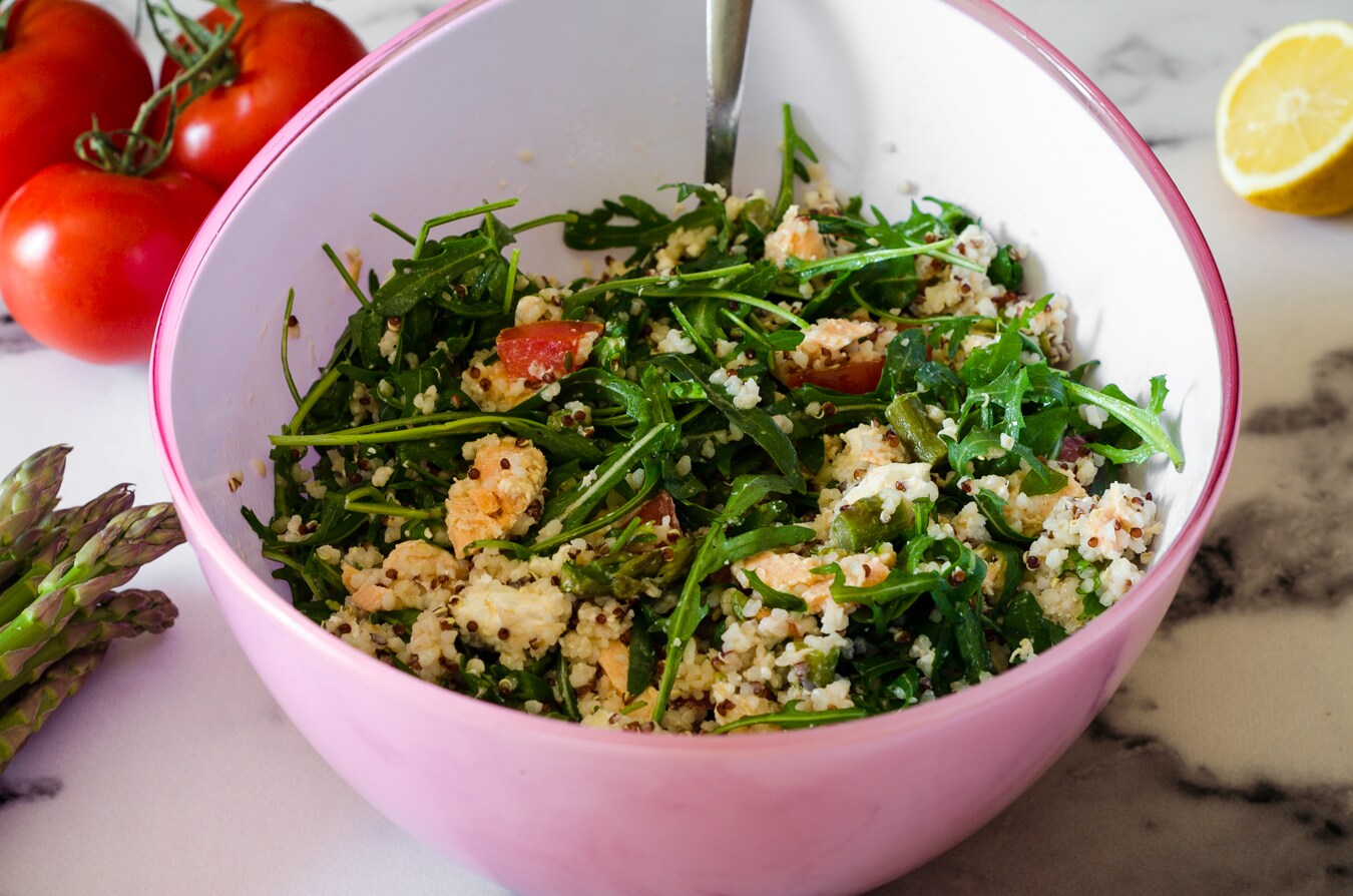 Quinoa and Bulgur Salad with Vegetables and Salmon