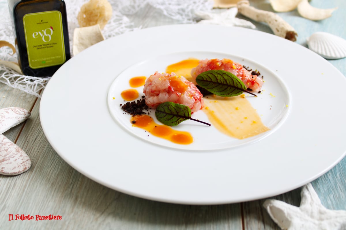Red Shrimp Tartare on Cocoa Crumble and Shellfish Mayonnaise with EVO Oil