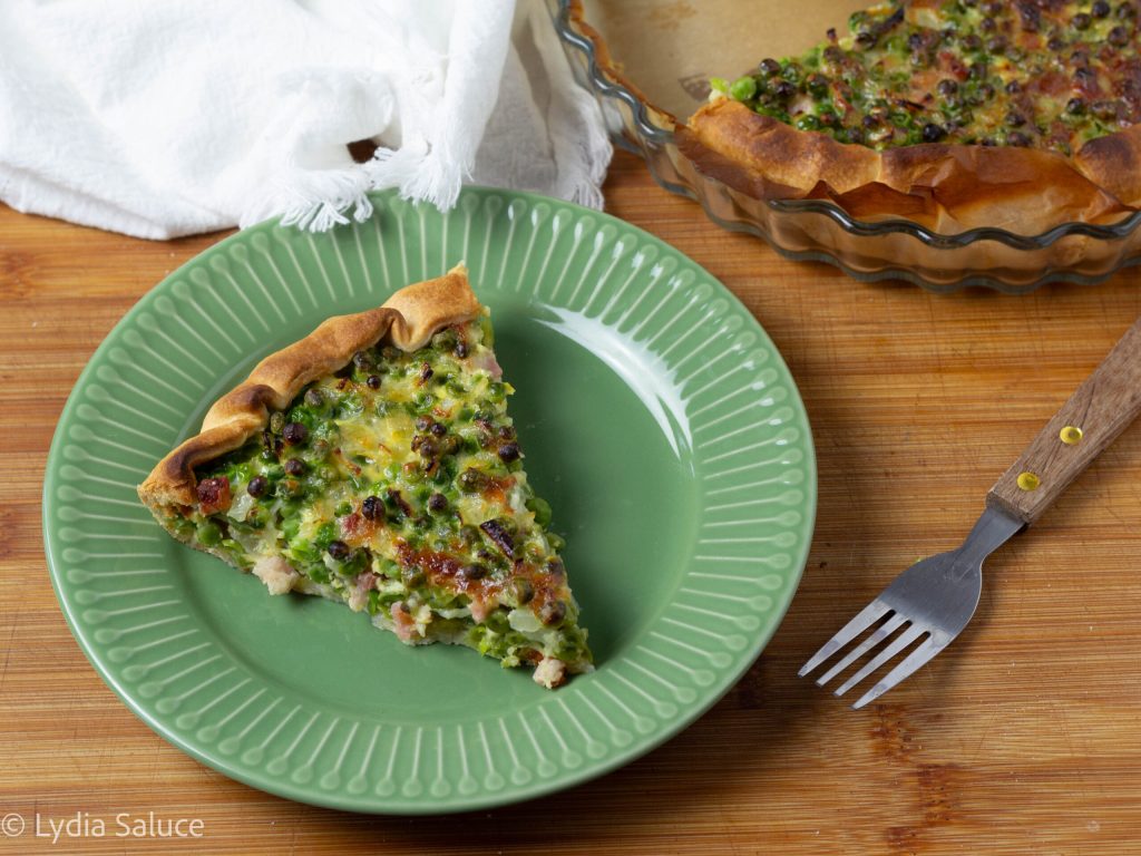 savory pie with peas and bacon