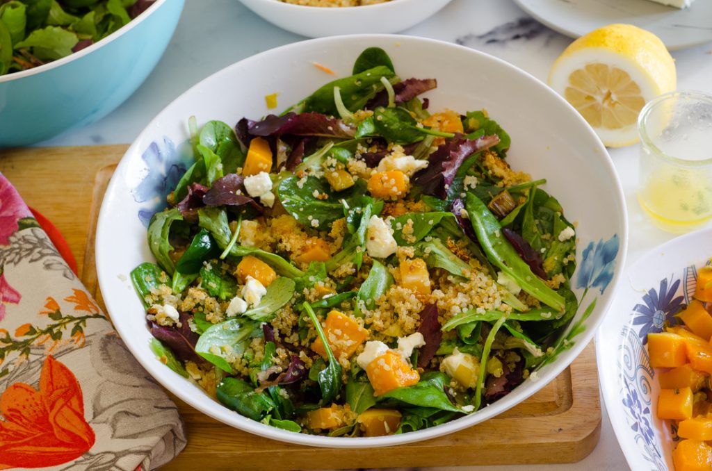 Salad with Crunchy Quinoa, Vegetables, and Feta