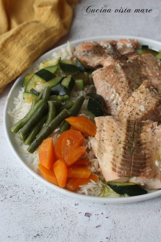 Salmon with vegetables and basmati rice Sea View Kitchen