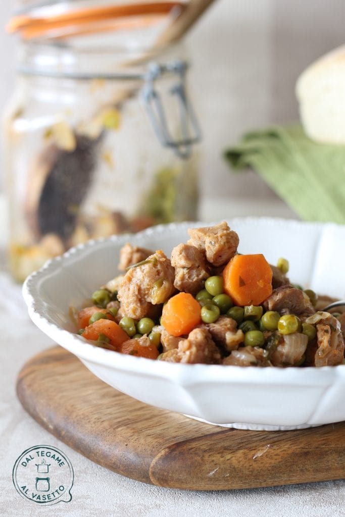 soy chunks with peas and carrots cooked as a stew in a jar in the microwave with the jar cooking technique