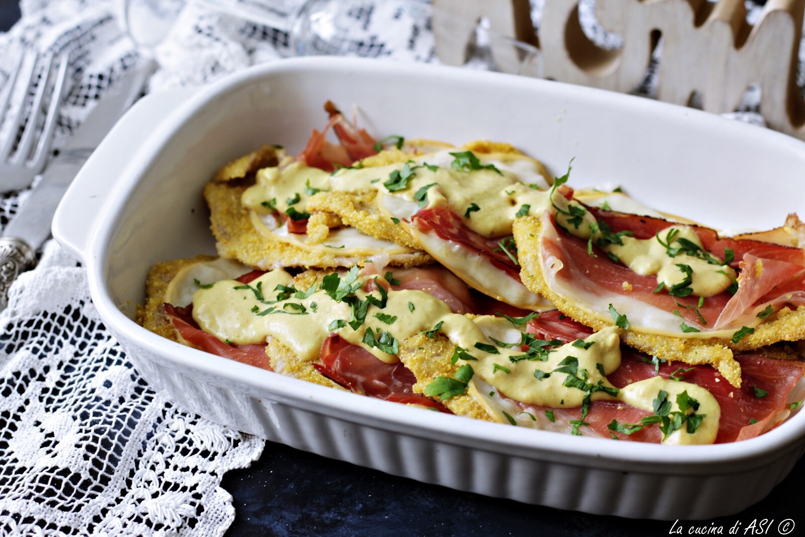 SPECK AND PROVOLONE SCALLOPS WITH SAUCE