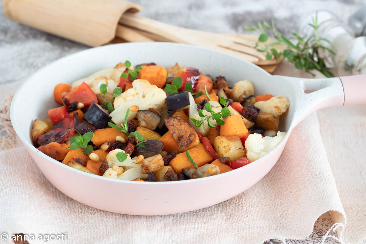 SPICED VEGETABLES WITH PINE NUTS AND RAISINS in the pan