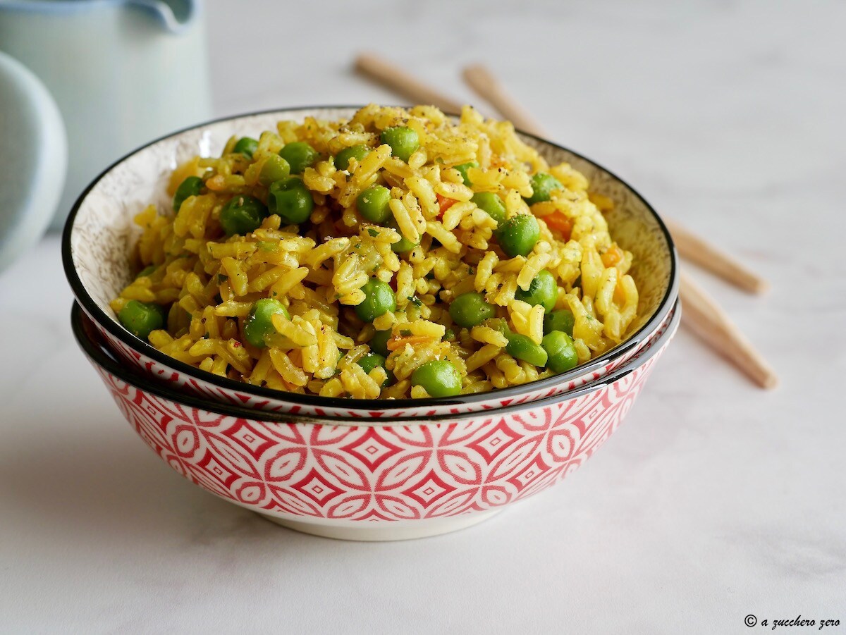 Stir-Fried Brown and Deamidated Rice with Vegetables and Peas