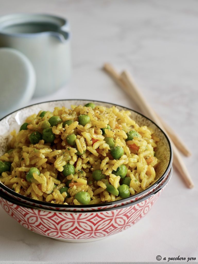 Stir-Fried Brown and Deamidated Rice with Vegetables and Peas